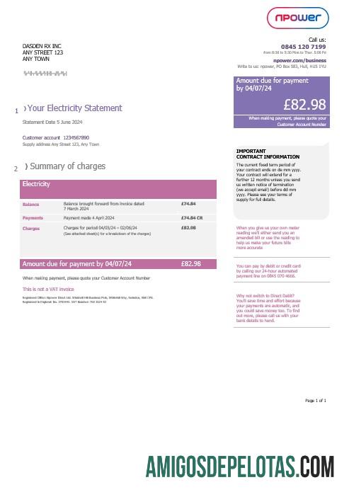 imprimível Projeto de lei de serviços públicos Npower do Reino Unido, modelo Word e PDF